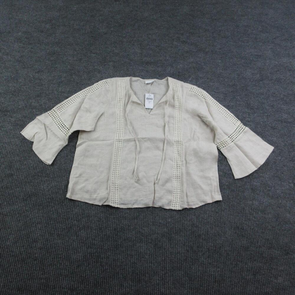 J.Jill Blouse Womens LP Petite Beige Linen Tunic Crochet Bell Sleeve Tie NWT